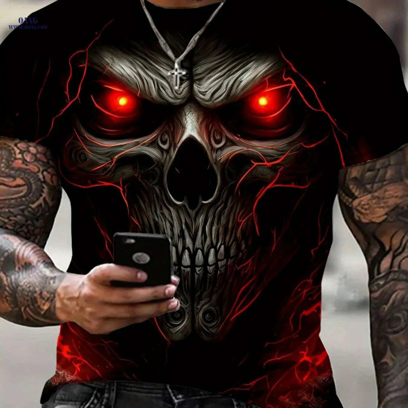 Men's 3D Skull Print Graphic T-Shirt - Casual Crew Neck Tee   OAXG 