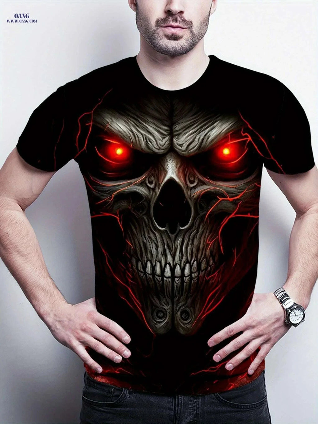 Men's 3D Skull Print Graphic T-Shirt - Casual Crew Neck Tee   OAXG 