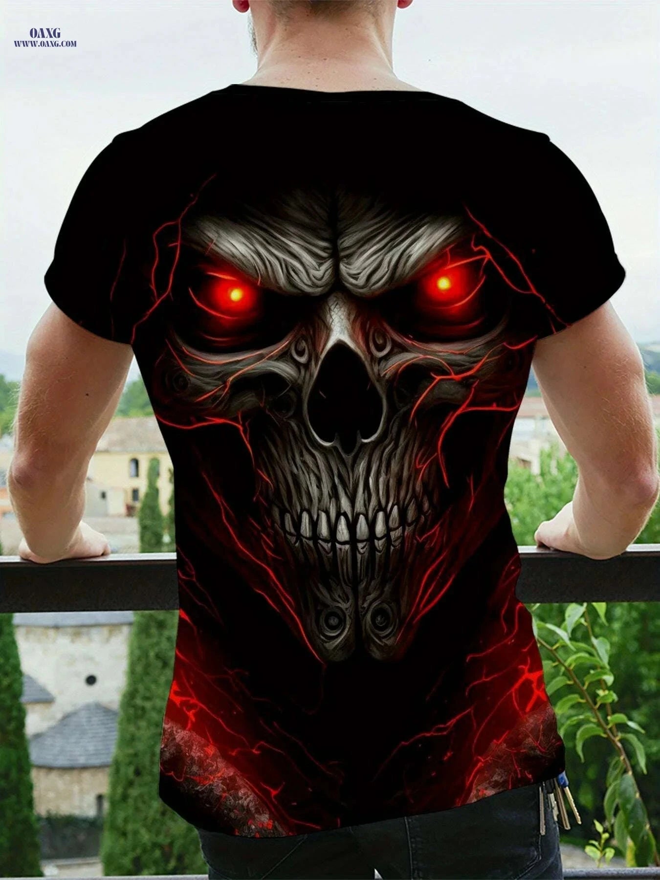 Men's 3D Skull Print Graphic T-Shirt - Casual Crew Neck Tee   OAXG Mixed Color / S