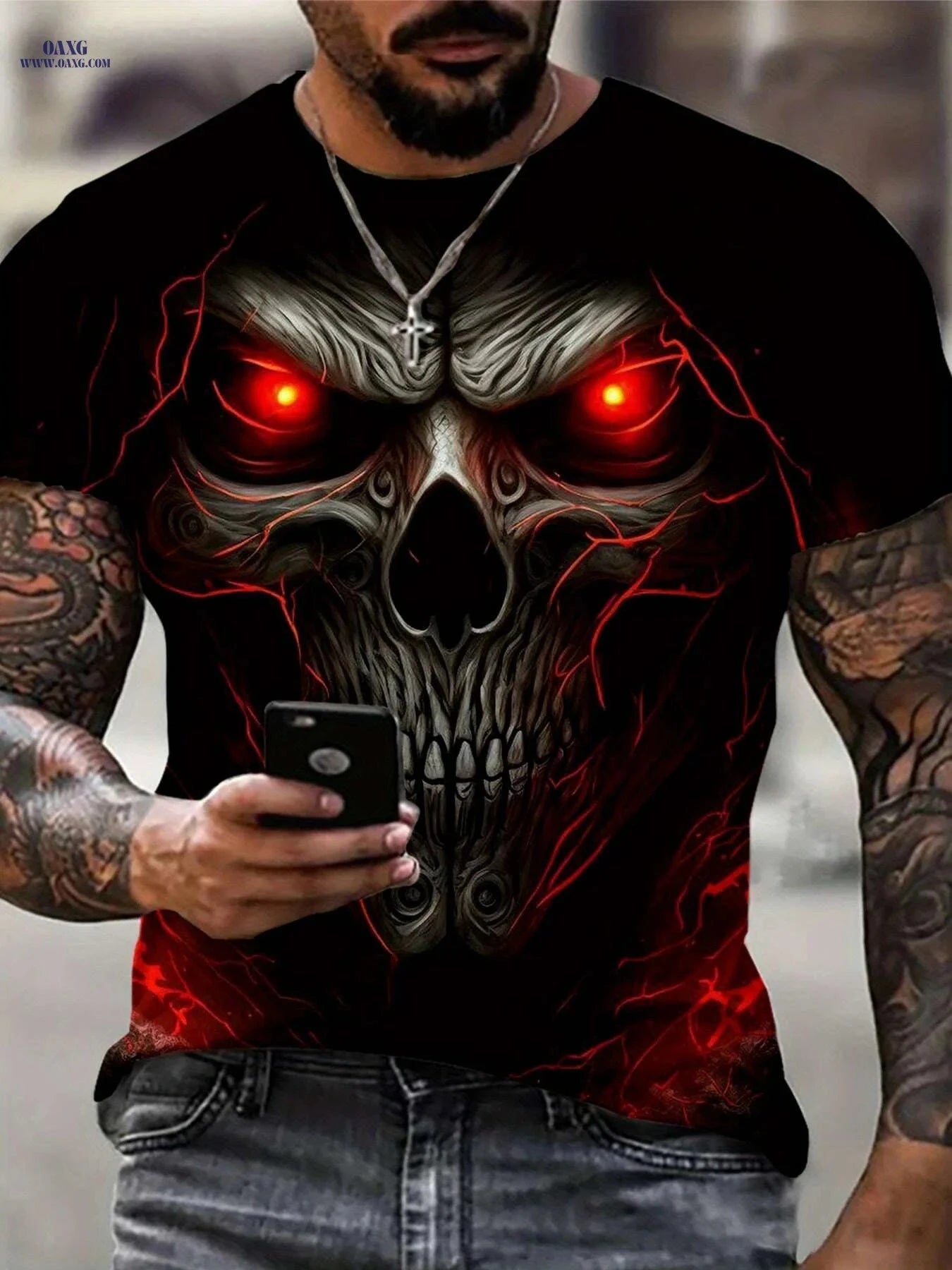 Men's 3D Skull Print Graphic T-Shirt - Casual Crew Neck Tee   OAXG 