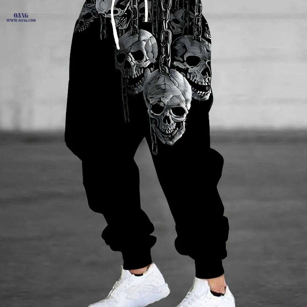Men's 3D Skull Print Joggers - Casual Stretchy Sweatpants for Halloween   OAXG Mixed Color / S