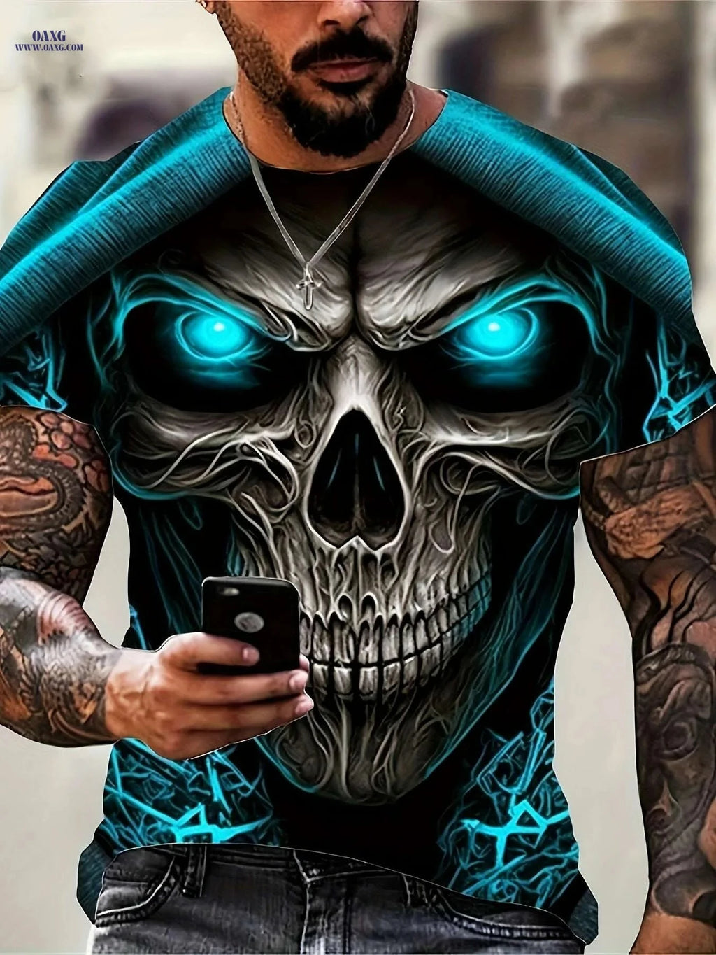 Men's 3D Skull Print T-Shirt - Edgy Gothic Design, Short Sleeve   OAXG 