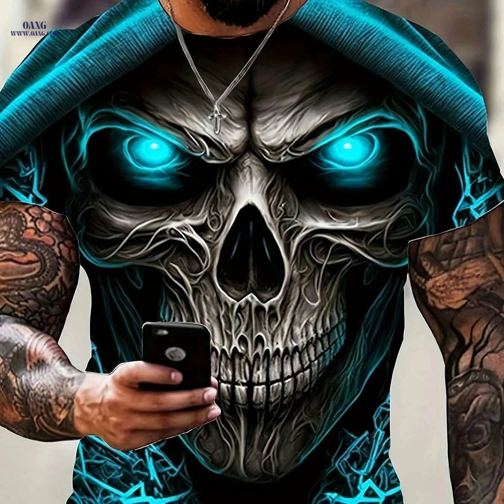 Men's 3D Skull Print T-Shirt - Edgy Gothic Design, Short Sleeve   OAXG Mixed Color / S