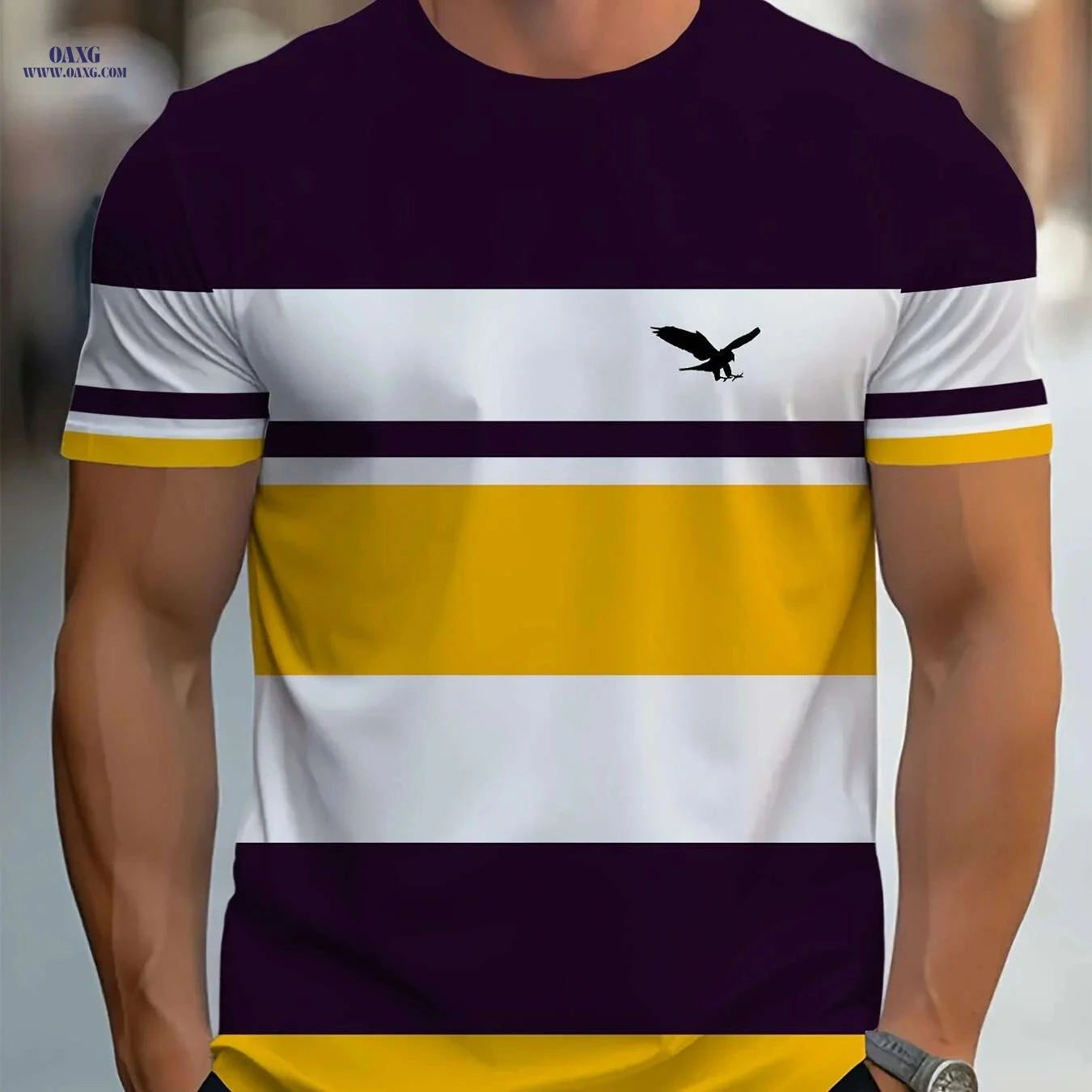 Men's 3D Striped T-Shirt - Navy Blue Casual Round Neck Summer Essential   OAXG 
