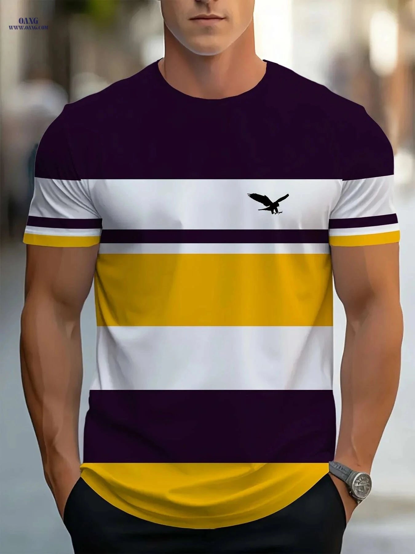 Men's 3D Striped T-Shirt - Navy Blue Casual Round Neck Summer Essential   OAXG 