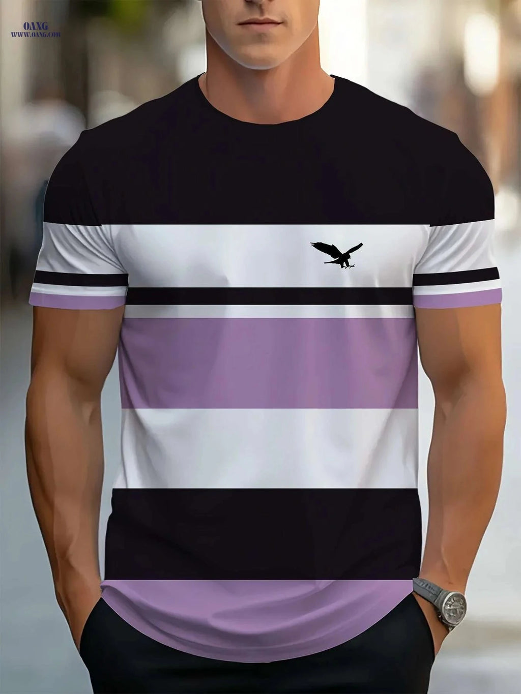 Men's 3D Striped T-Shirt - Navy Blue Casual Round Neck Summer Essential   OAXG 