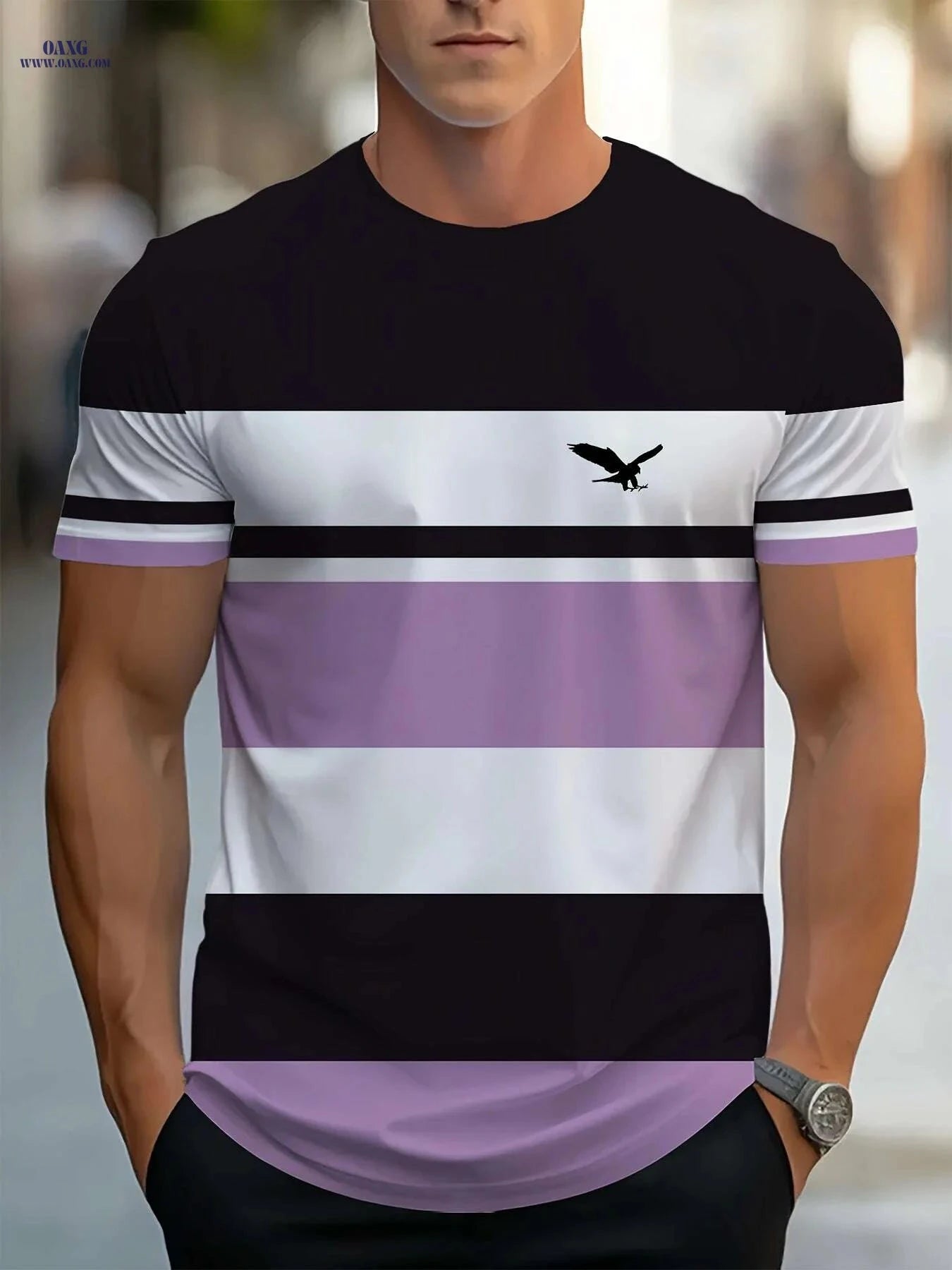 Men's 3D Striped T-Shirt - Navy Blue Casual Round Neck Summer Essential   OAXG 