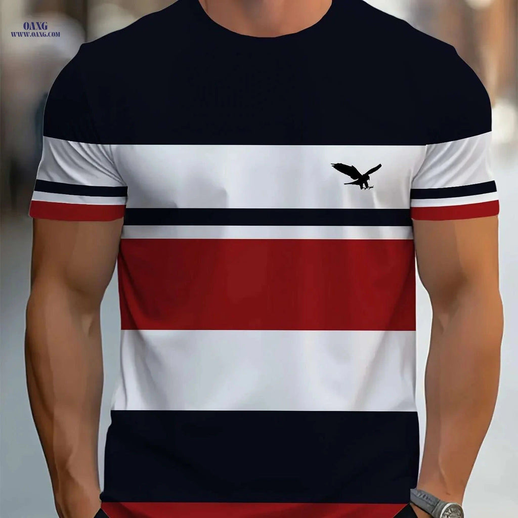 Men's 3D Striped T-Shirt - Navy Blue Casual Round Neck Summer Essential   OAXG Mixed Color / S