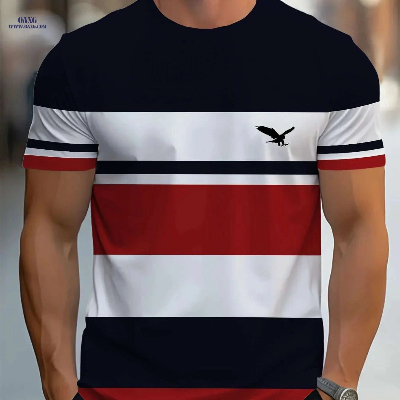 Men's 3D Striped T-Shirt - Navy Blue Casual Round Neck Summer Essential   OAXG Mixed Color / S