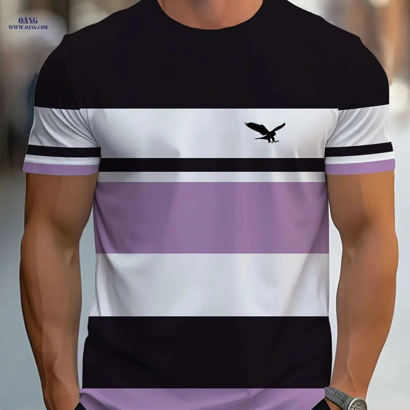Men's 3D Striped T-Shirt - Navy Blue Casual Round Neck Summer Essential   OAXG Mixed Color / S