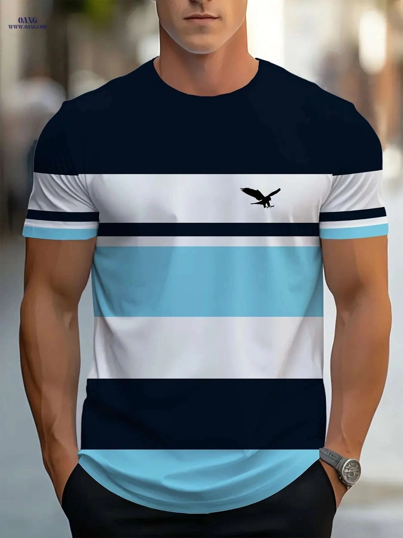 Men's 3D Striped T-Shirt - Navy Blue Casual Round Neck Summer Essential   OAXG Mixed Color / S