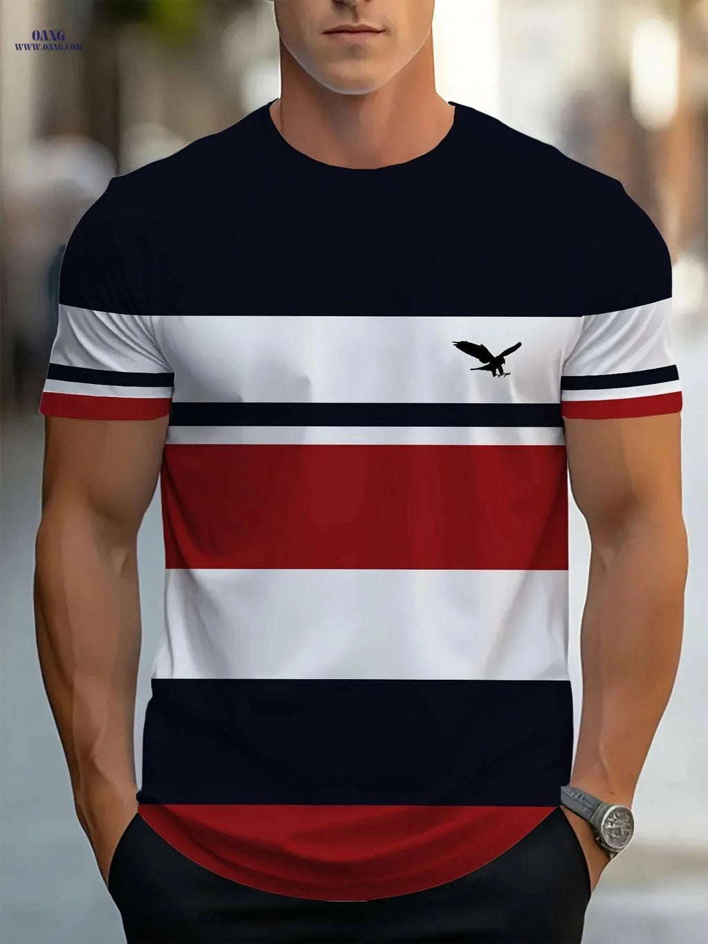 Men's 3D Striped T-Shirt - Navy Blue Casual Round Neck Summer Essential   OAXG Mixed Color / S