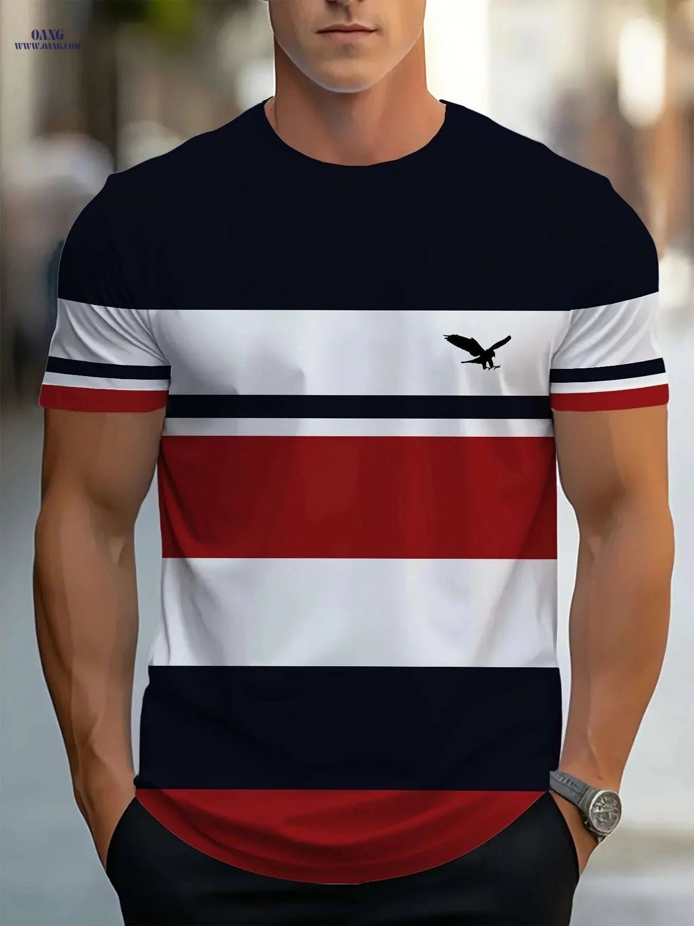 Men's 3D Striped T-Shirt - Navy Blue Casual Round Neck Summer Essential   OAXG Mixed Color / S