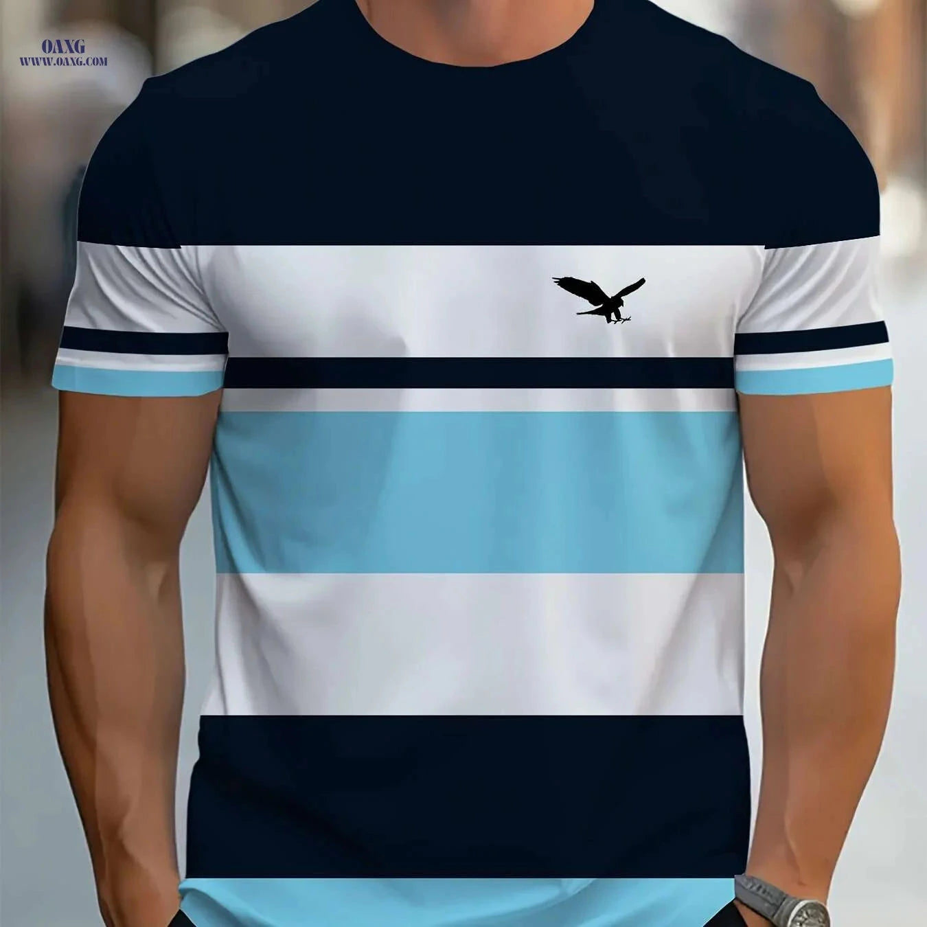 Men's 3D Striped T-Shirt - Navy Blue Casual Round Neck Summer Essential   OAXG Mixed Color / S