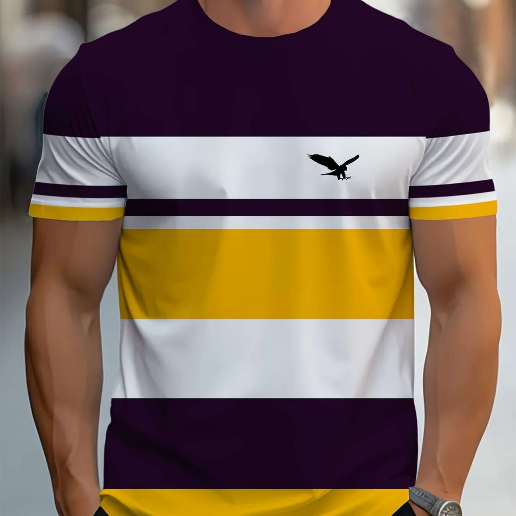 Men's 3D Striped T-Shirt - Navy Blue Casual Round Neck Summer Essential   OAXG 