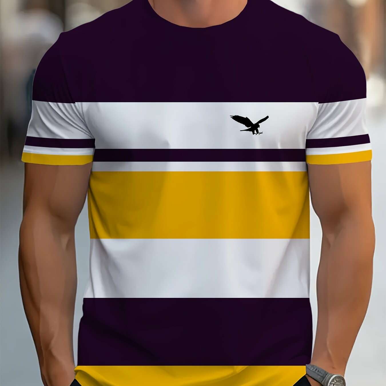 Men's 3D Striped T-Shirt - Navy Blue Casual Round Neck Summer Essential   OAXG 