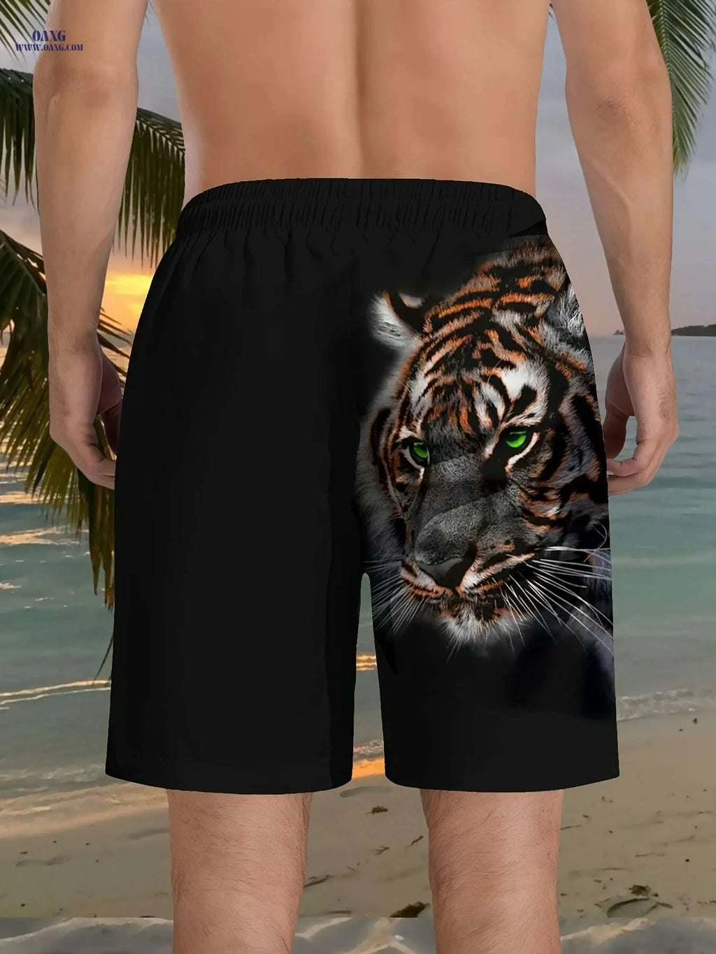 Men's 3D Tiger Print Beach Shorts - Lightweight, Casual & Comfortable   OAXG Black / S