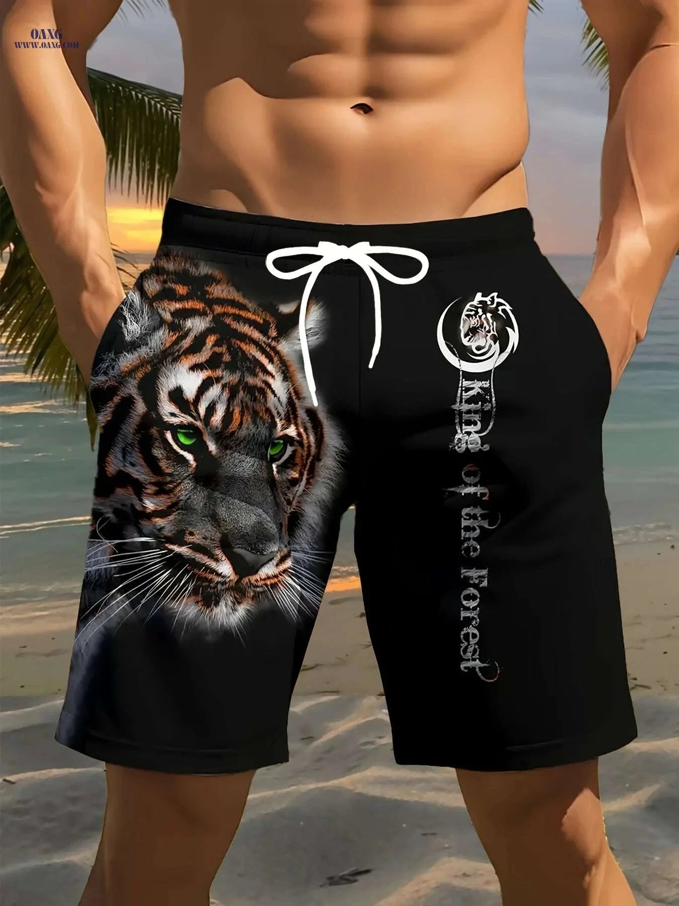 Men's 3D Tiger Print Beach Shorts - Lightweight, Casual & Comfortable   OAXG 