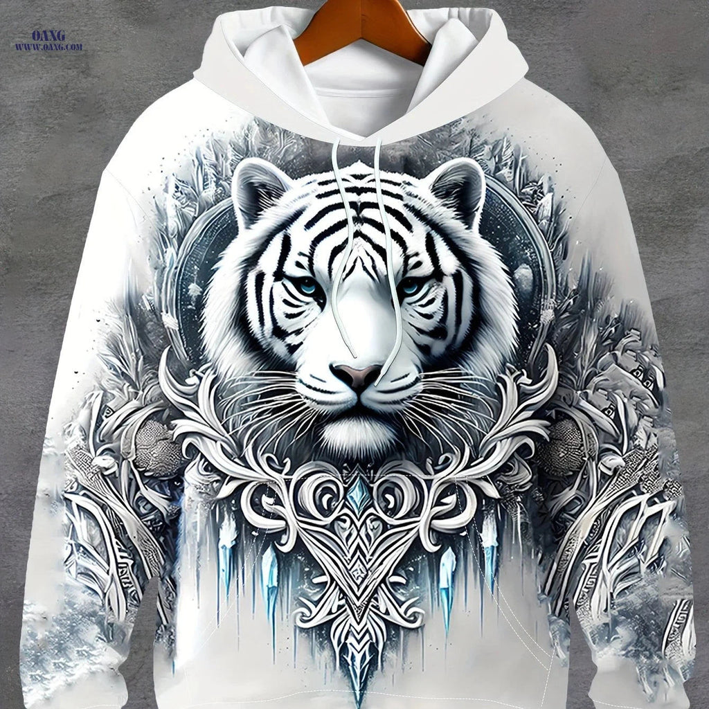 Men's 3D White Tiger Graphic Hoodie - Casual Long Sleeve Pullover   OAXG Salt White / FR S