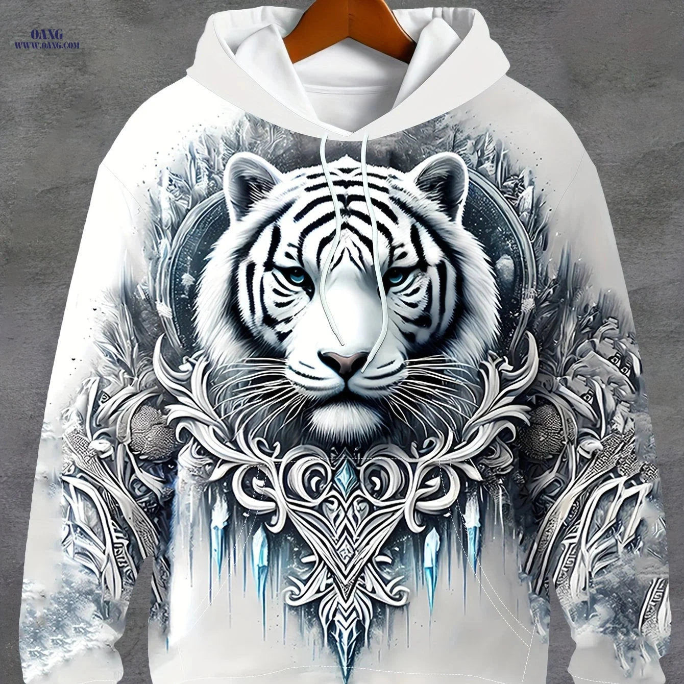 Men's 3D White Tiger Graphic Hoodie - Casual Long Sleeve Pullover   OAXG Salt White / FR S