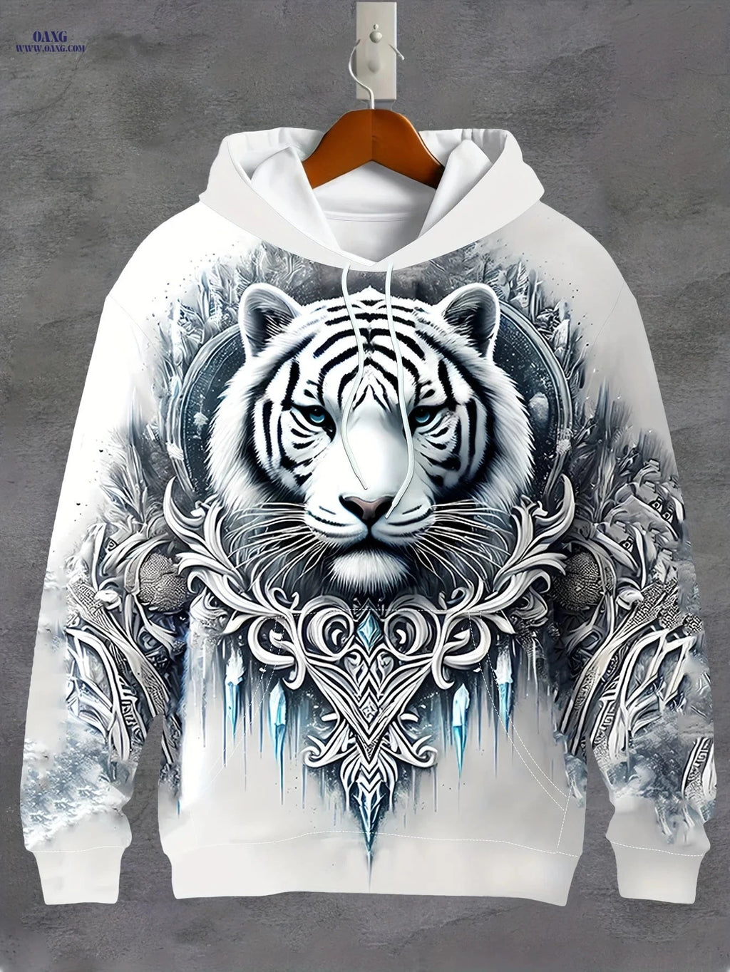 Men's 3D White Tiger Graphic Hoodie - Casual Long Sleeve Pullover   OAXG 