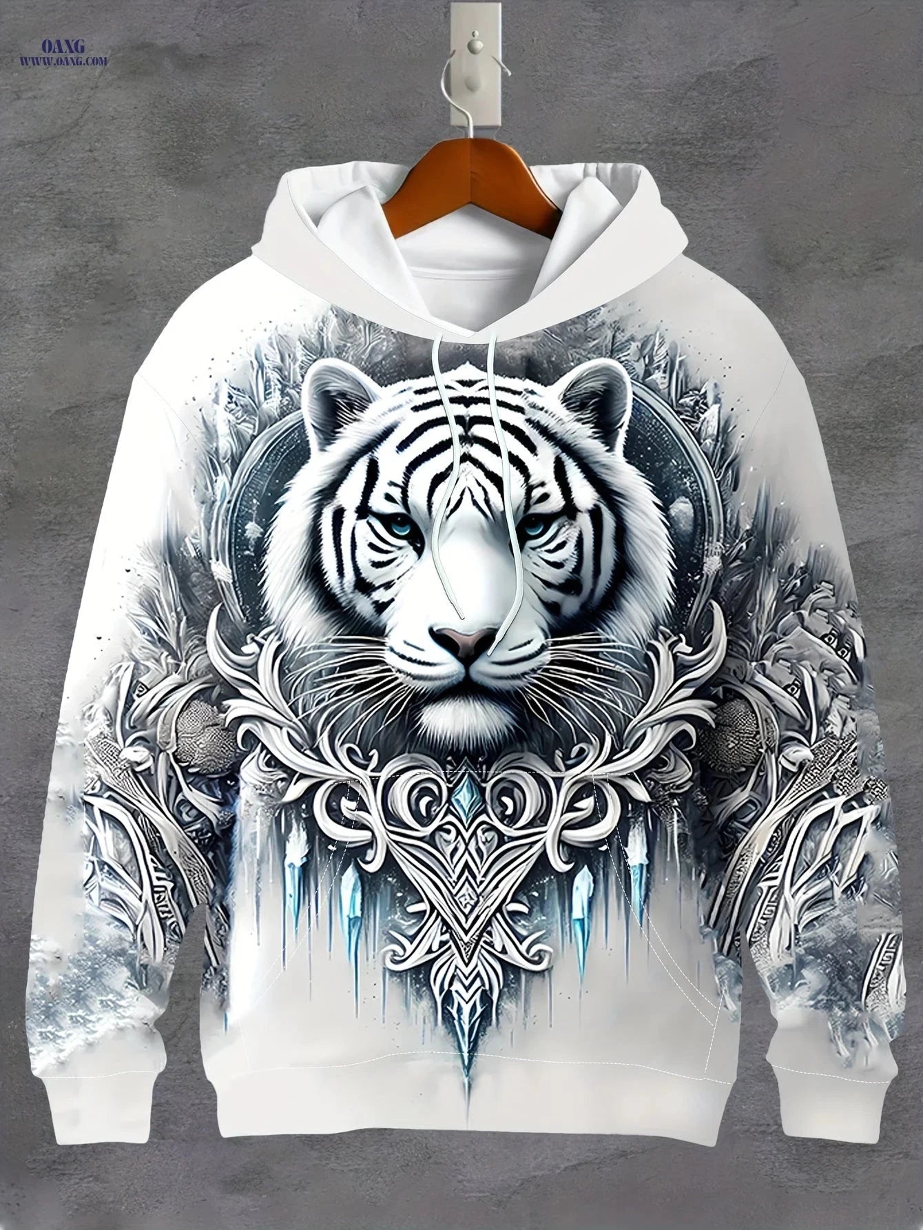 Men's 3D White Tiger Graphic Hoodie - Casual Long Sleeve Pullover   OAXG 