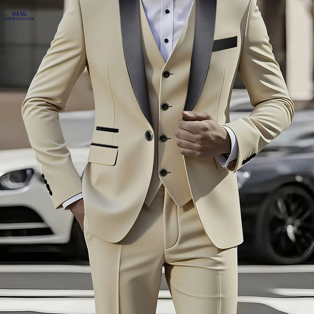 Men's 3pcs Suit Set - Blazer, Vest & Trousers for Formal Events   OAXG Beige / FR XXS