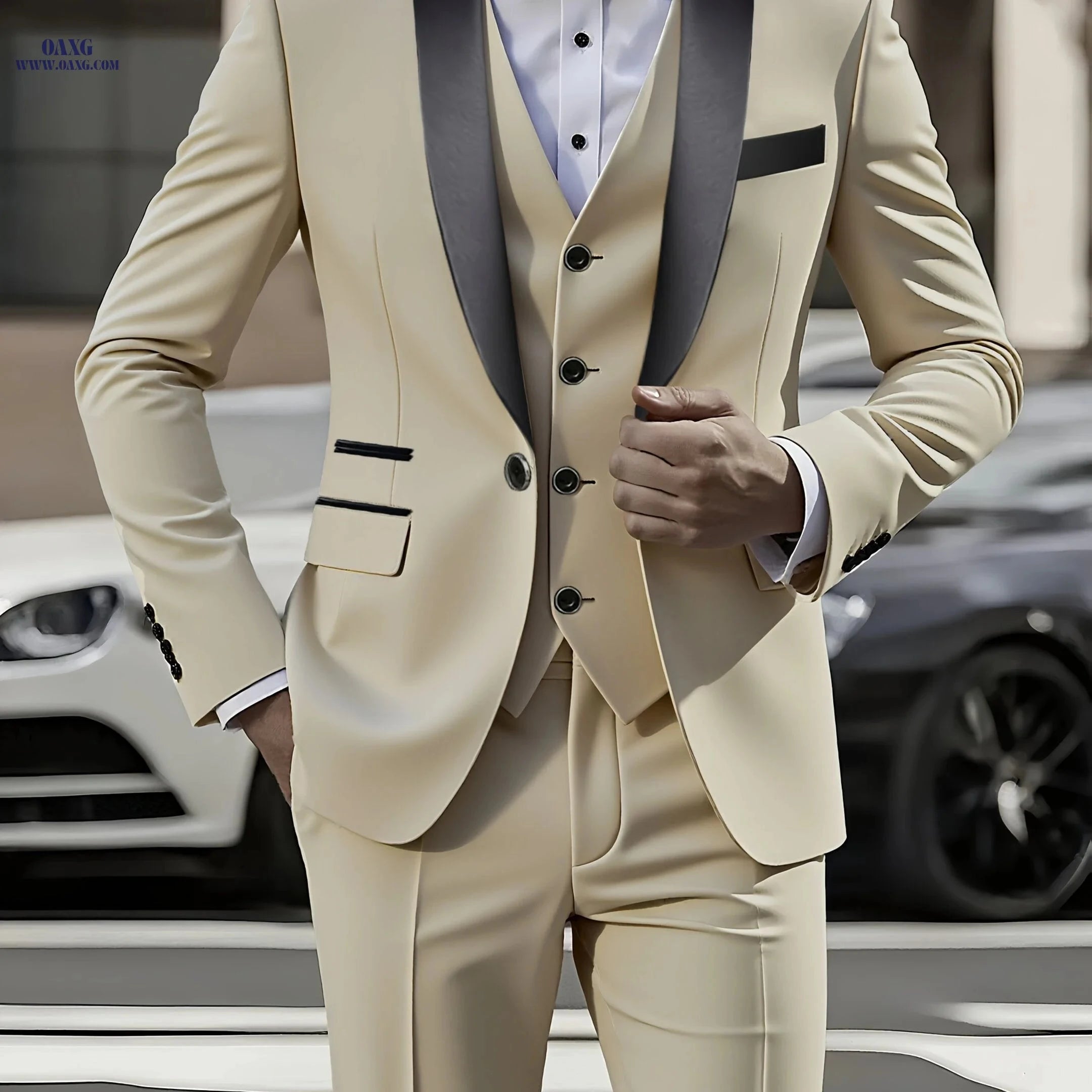 Men's 3pcs Suit Set - Blazer, Vest & Trousers for Formal Events   OAXG Beige / FR XXS