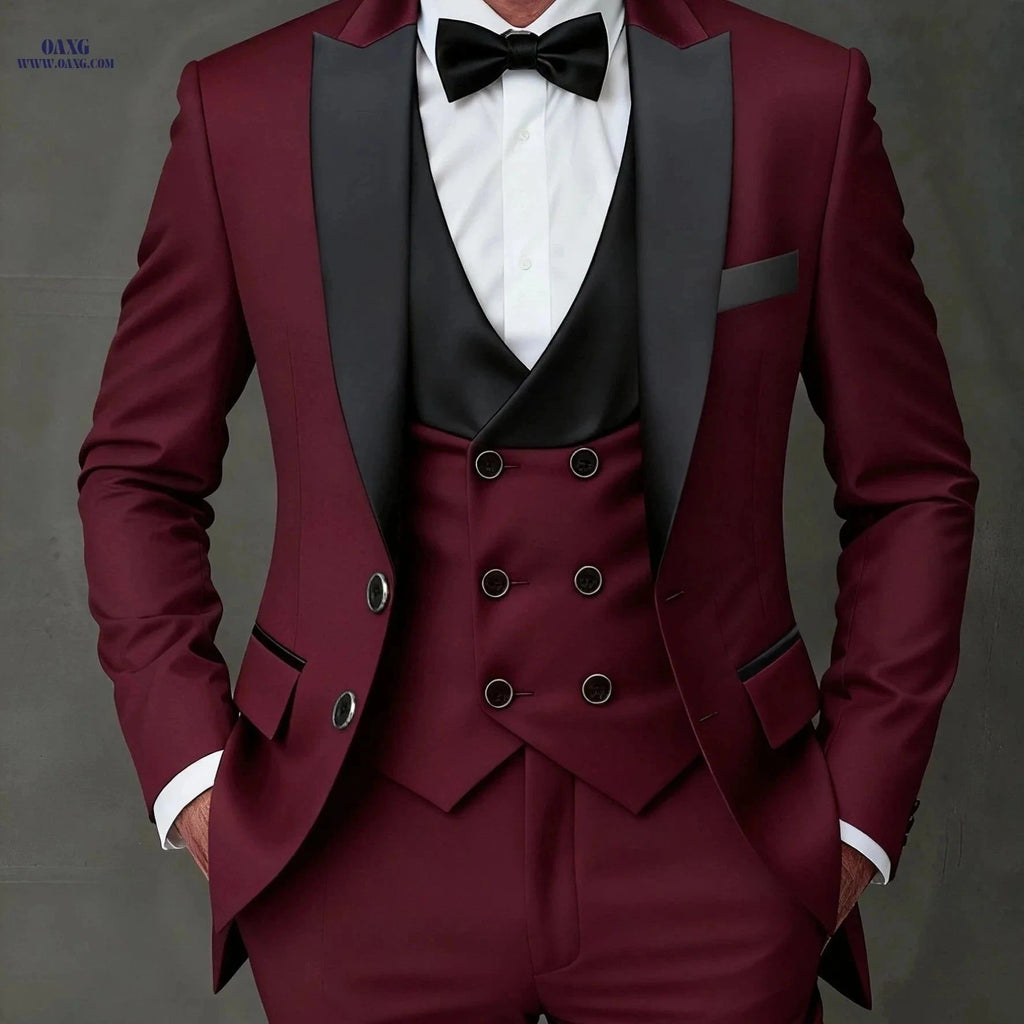 Men's 3pcs Suit Set - Blazer, Vest & Trousers for Stylish Events   OAXG Burgundy / FR XXS
