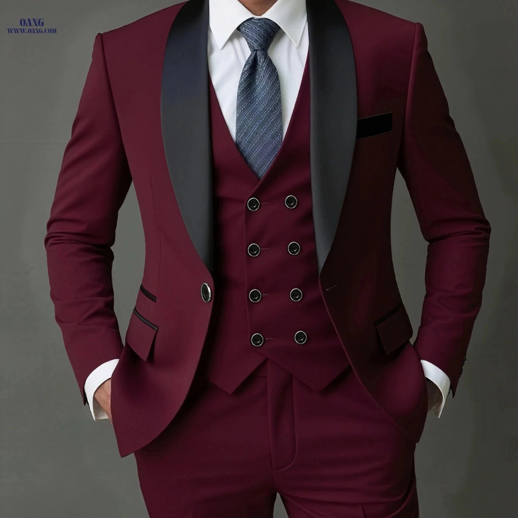 Men's 3pcs Suit Set - Blazer, Vest & Trousers for Stylish Events   OAXG Burgundy / FR XXS