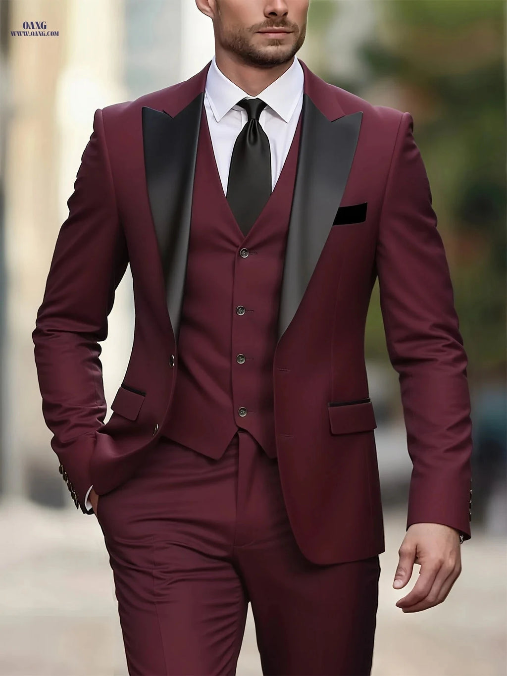 Men's 3pcs Suit Set - Color-Blocked Jacket, Vest & Trousers   OAXG 