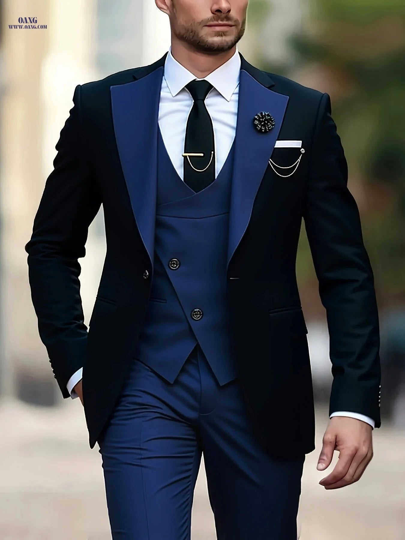Men's 3pcs Suit Set - Color-Blocked Jacket, Vest & Trousers   OAXG 