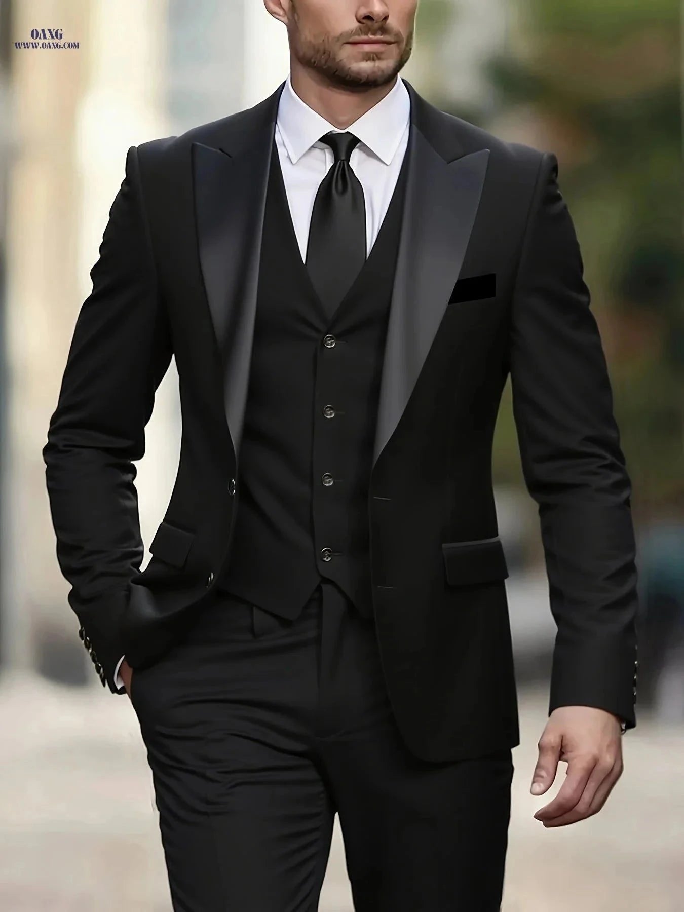 Men's 3pcs Suit Set - Color-Blocked Jacket, Vest & Trousers   OAXG Black / FR XS