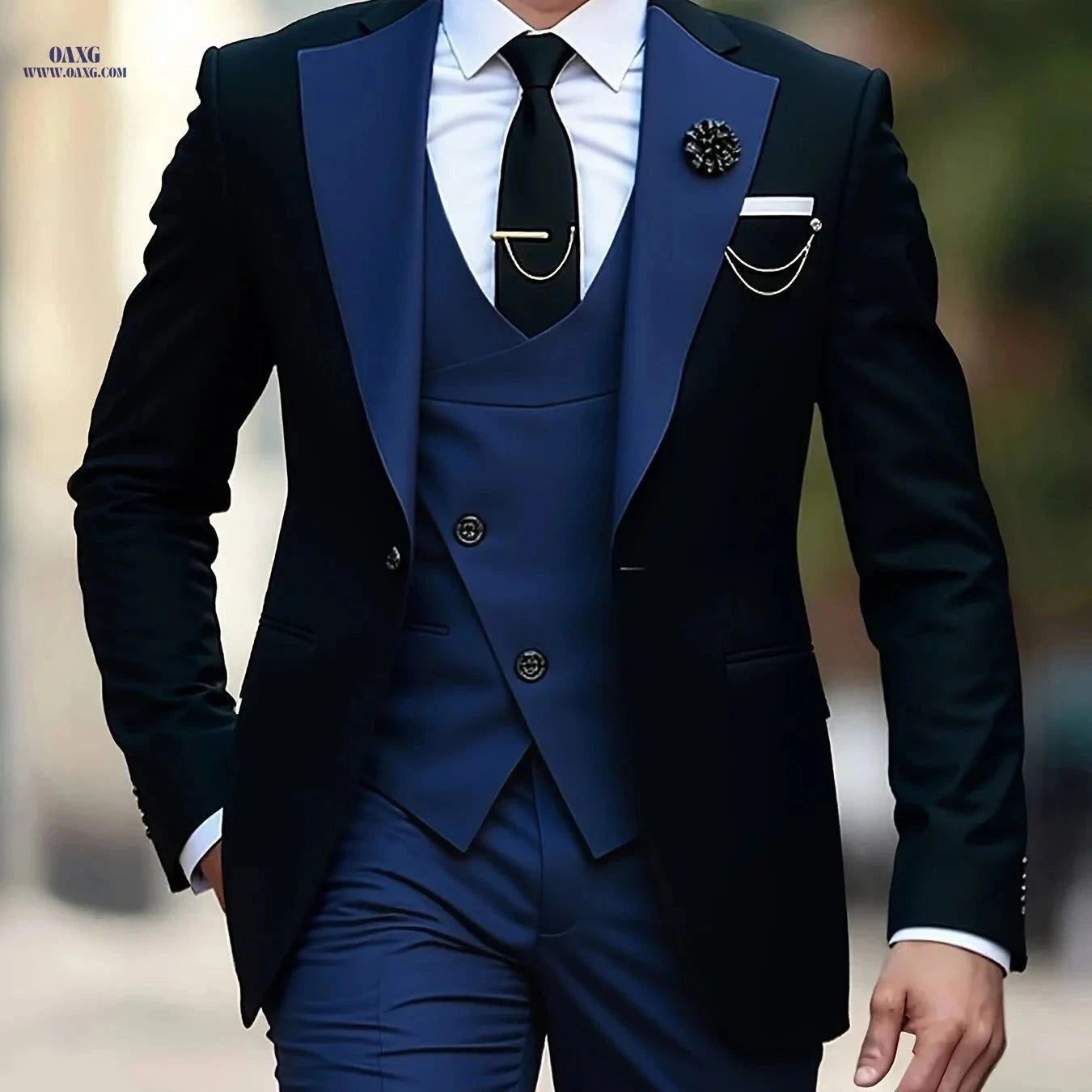 Men's 3pcs Suit Set - Color-Blocked Jacket, Vest & Trousers   OAXG Black / FR XS