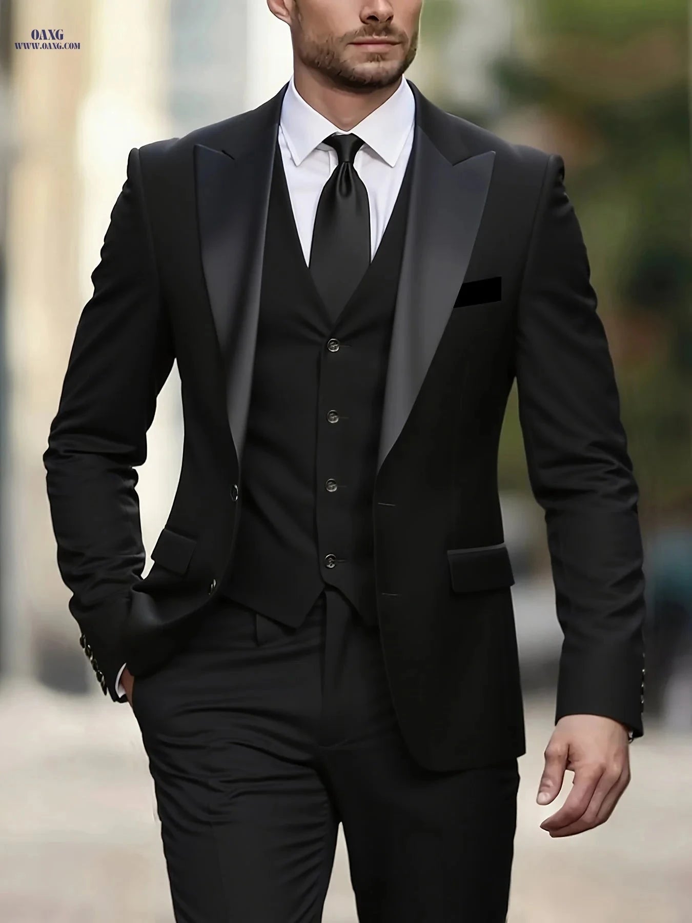 Men's 3pcs Suit Set - Color-Blocked Jacket, Vest & Trousers   OAXG Black / FR XS
