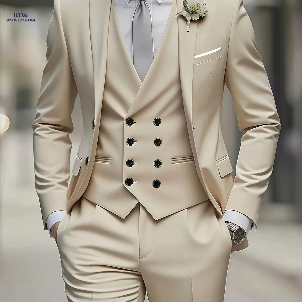 Men's 3pcs Suit Set - Jacket, Trousers & Vest for Formal Events   OAXG 