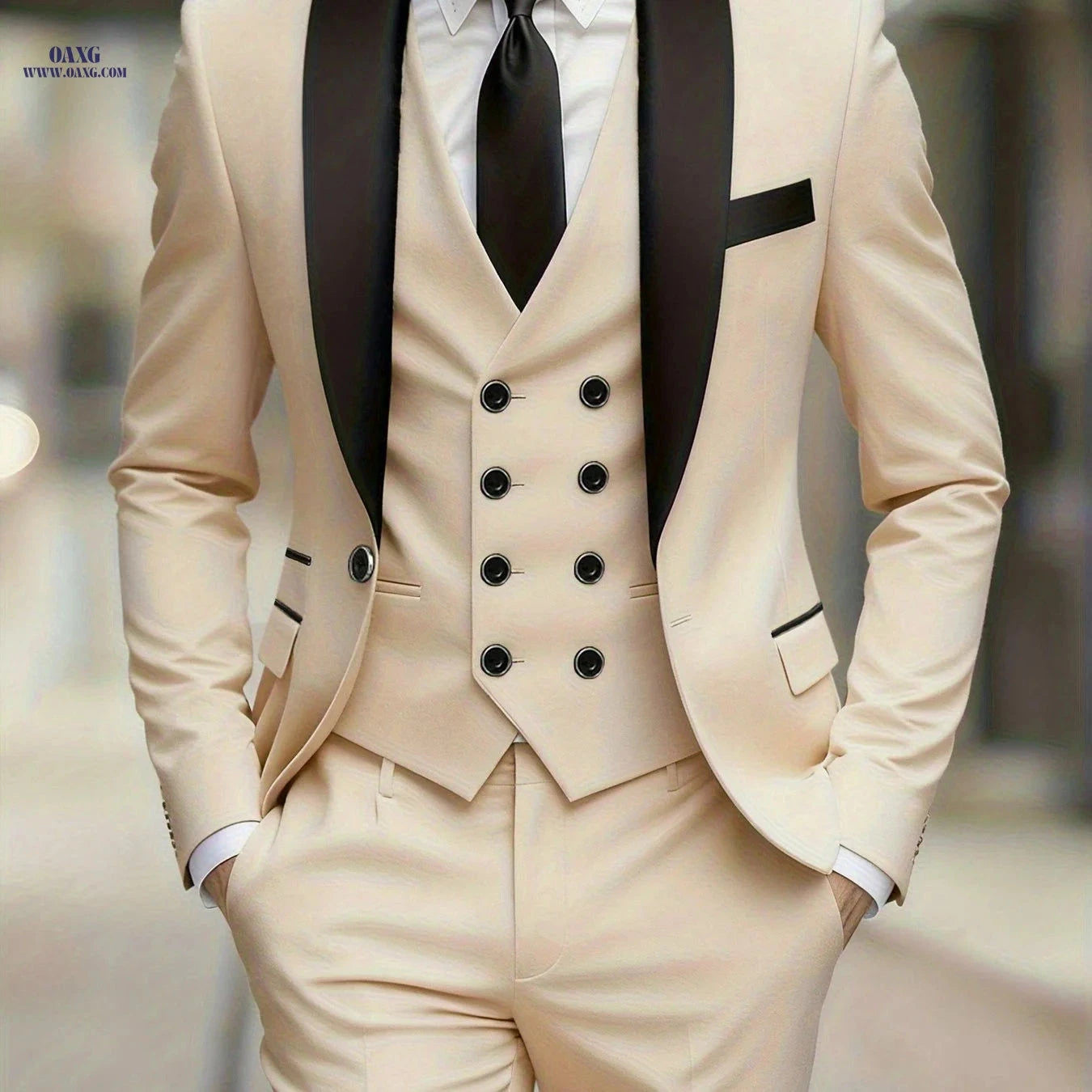 Men's 3pcs Suit Set - Jacket, Trousers & Vest for Formal Events   OAXG Beige1 / FR XXS