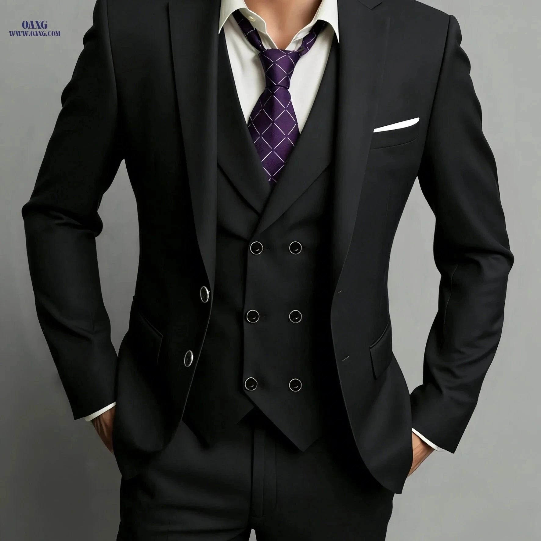 Men's 3pcs Suit Set - Jacket, Vest & Trousers for Business and Events   OAXG Navy Color / FR XXS