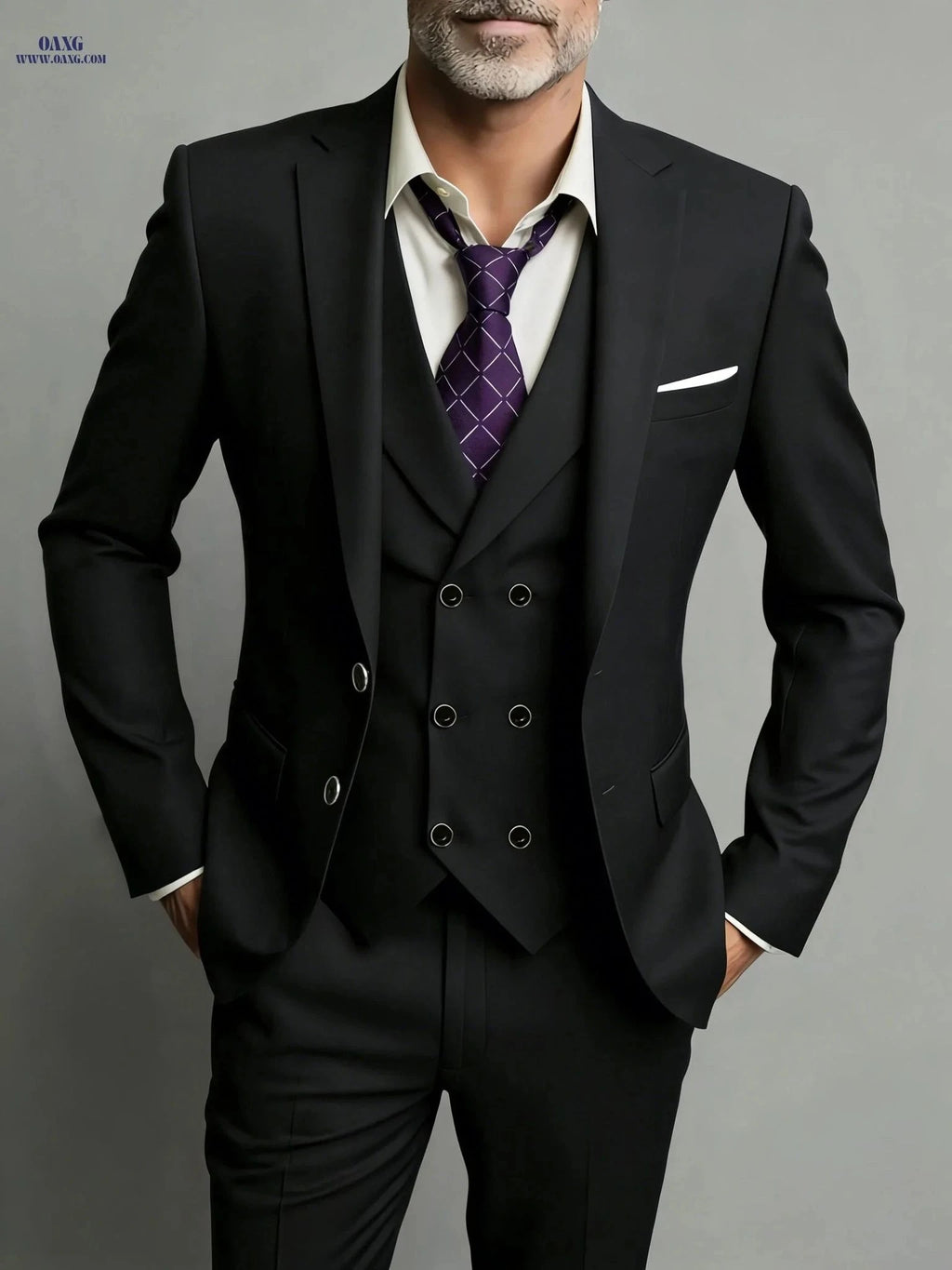 Men's 3pcs Suit Set - Jacket, Vest & Trousers for Business and Events   OAXG Navy Color / FR XXS