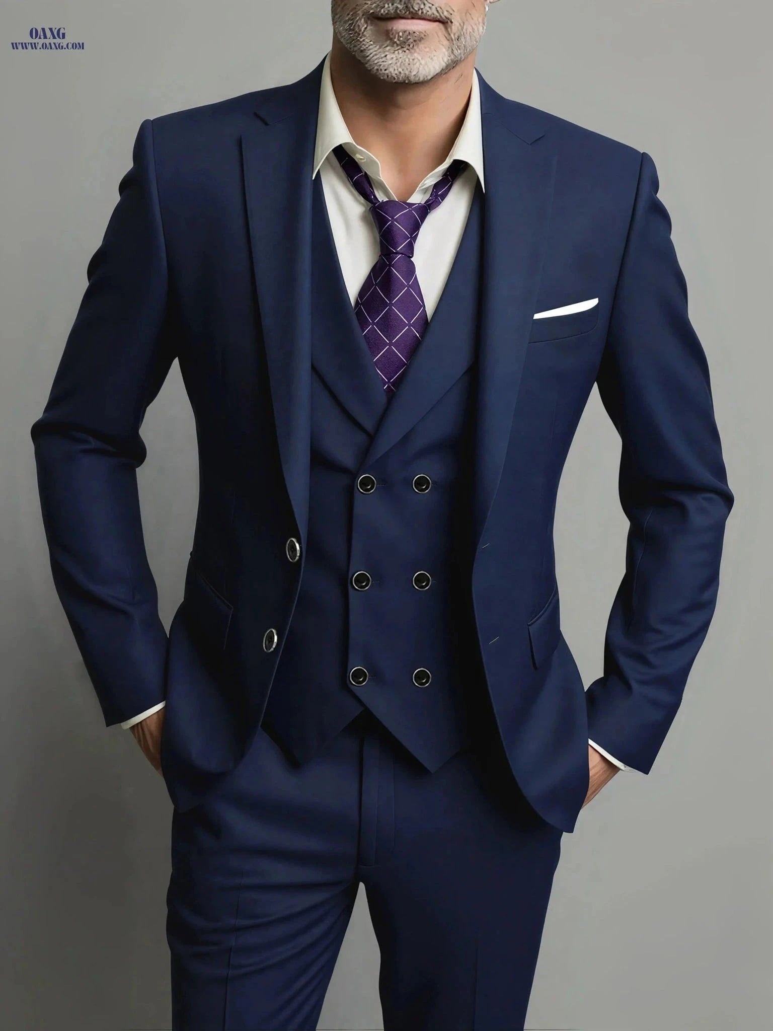 Men's 3pcs Suit Set - Jacket, Vest & Trousers for Business and Events   OAXG Navy Color / FR XXS