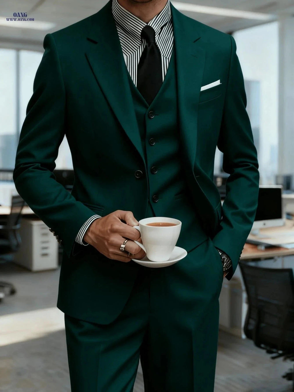 Men's 3pcs Suit Set - Jacket, Vest & Trousers for Business and Events   OAXG Navy Color / FR XXS