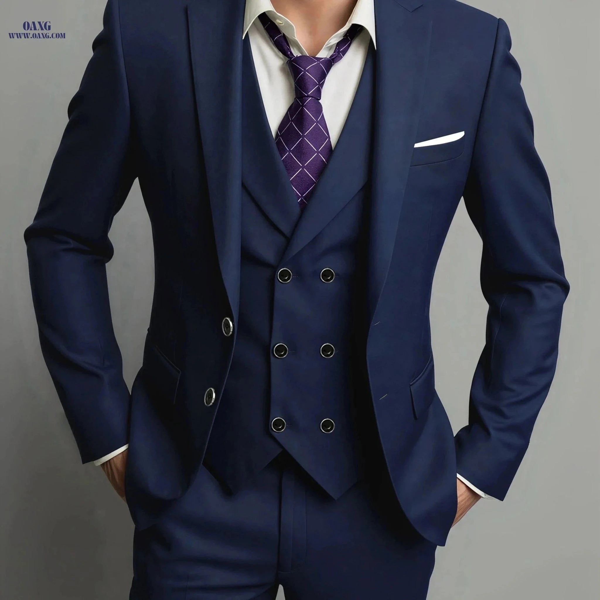 Men's 3pcs Suit Set - Jacket, Vest & Trousers for Business and Events   OAXG Navy Color / FR XXS