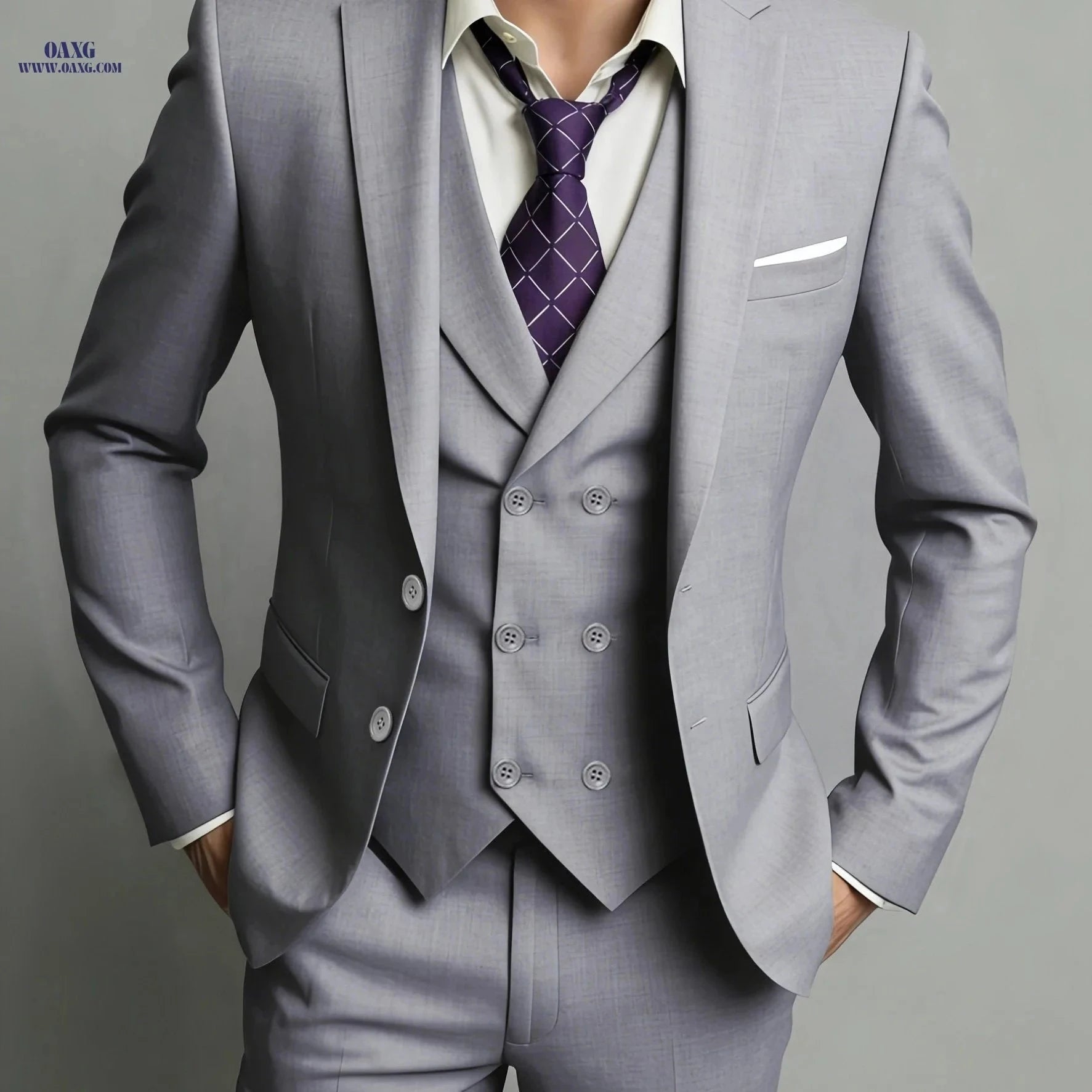 Men's 3pcs Suit Set - Jacket, Vest & Trousers for Business and Events   OAXG Navy Color / FR XXS
