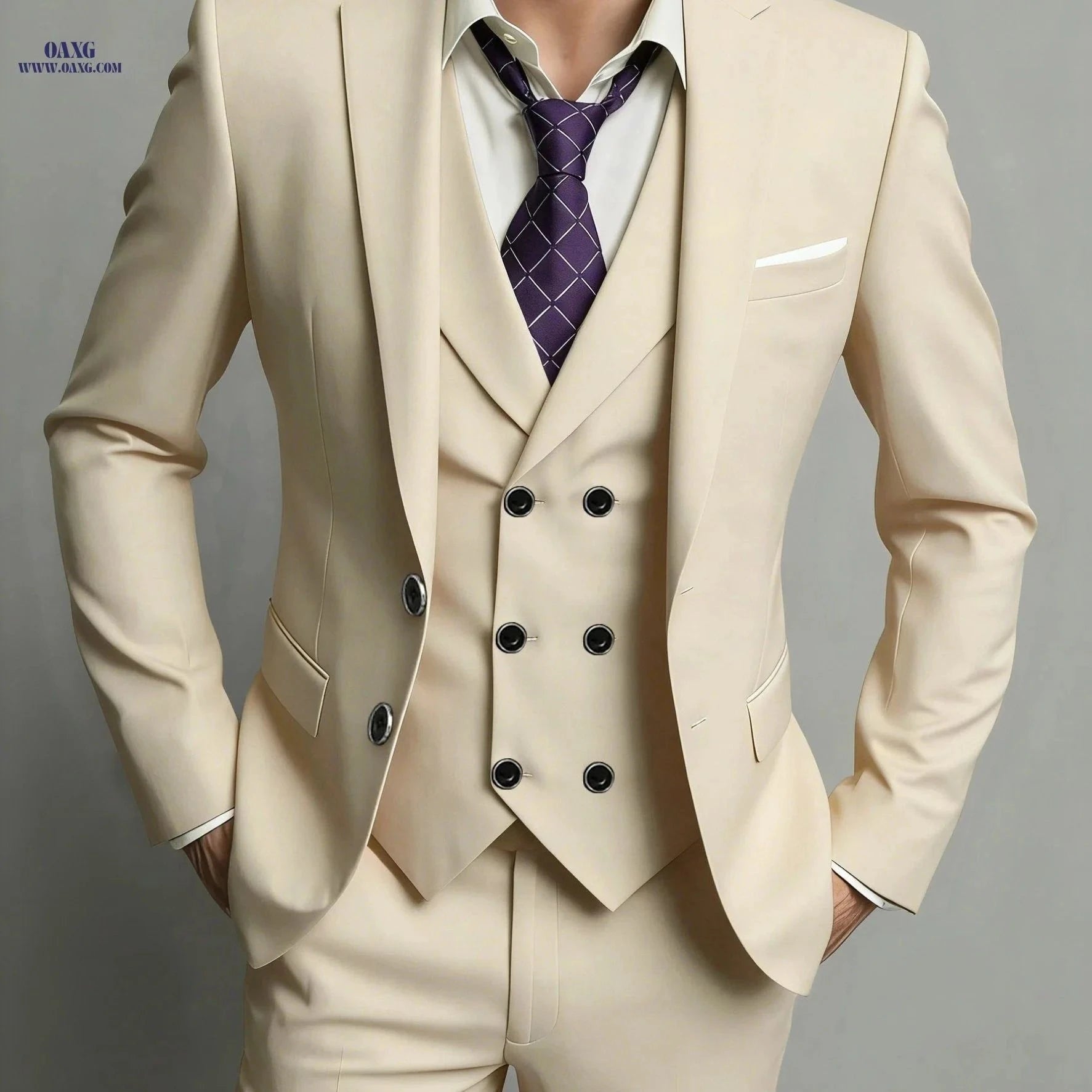 Men's 3pcs Suit Set - Jacket, Vest & Trousers for Business and Events   OAXG Navy Color / FR XXS