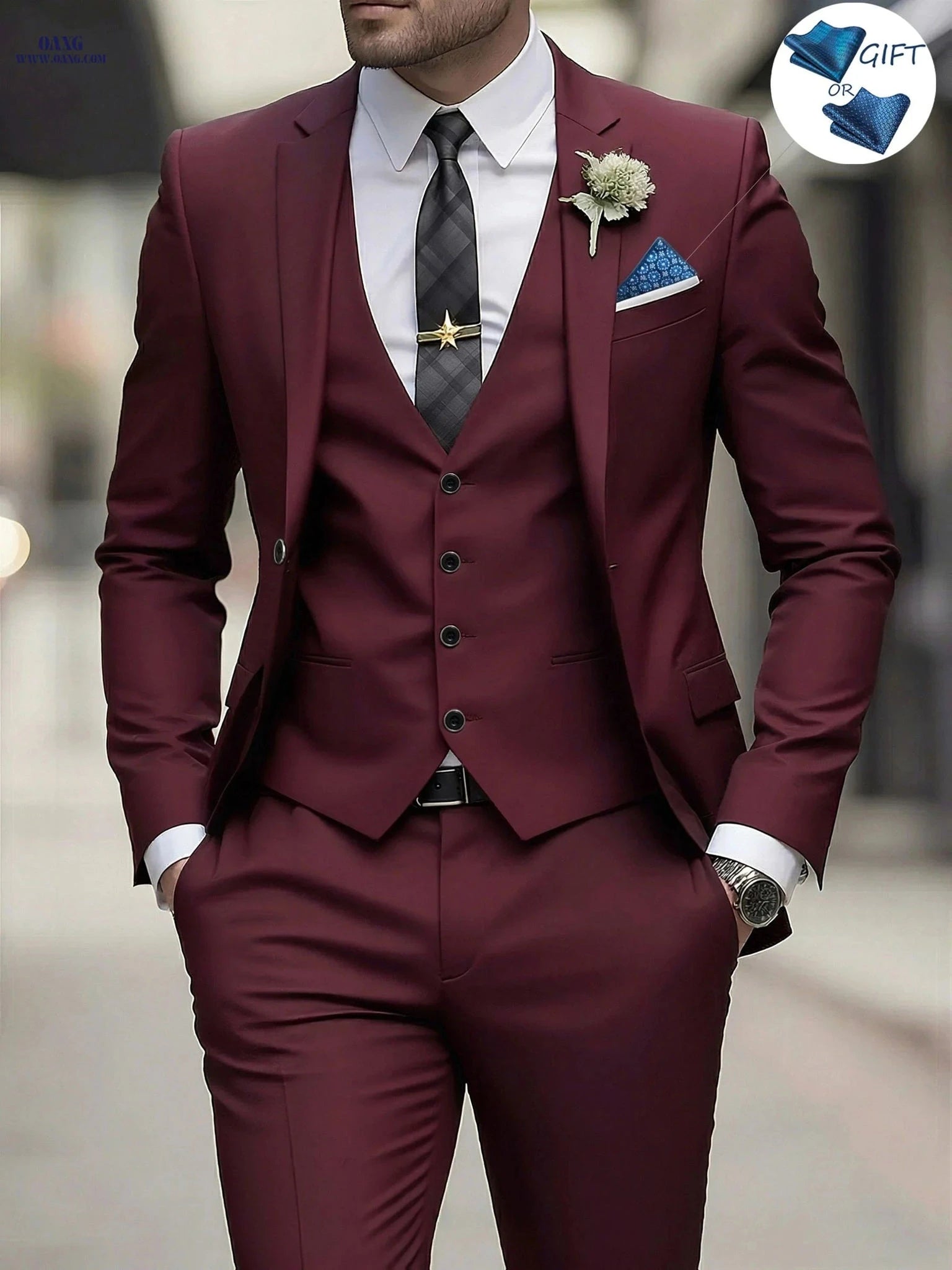 Men's 3pcs Suit Set - Jacket, Vest, Trousers for Formal Events   OAXG 