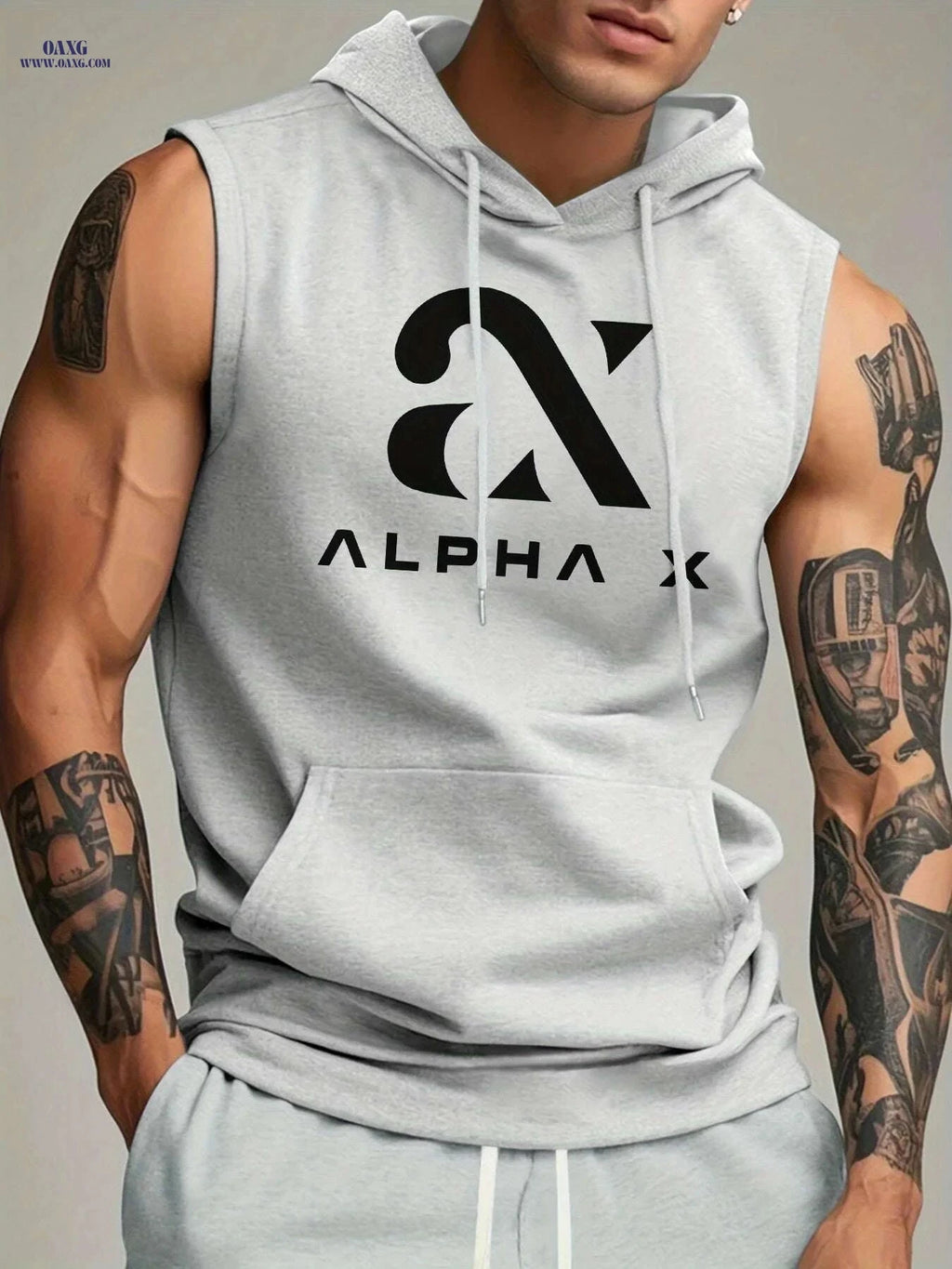 Men's Alpha X Graphic Hooded Tank Top - Sleeveless Gym Hoodie   OAXG White / S