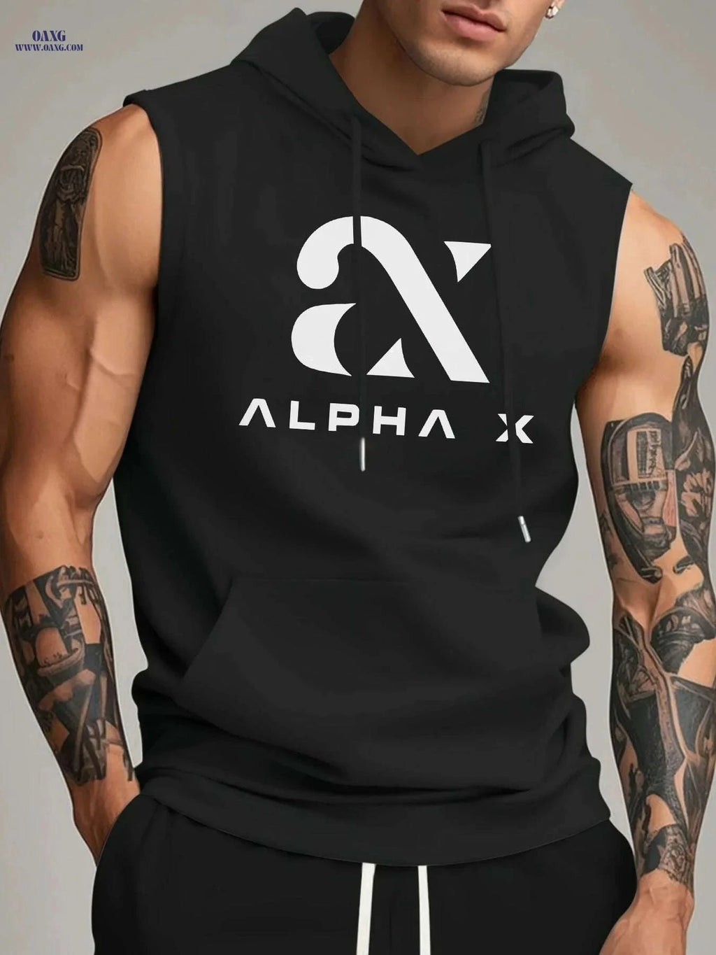 Men's Alpha X Graphic Hooded Tank Top - Sleeveless Gym Hoodie   OAXG White / S