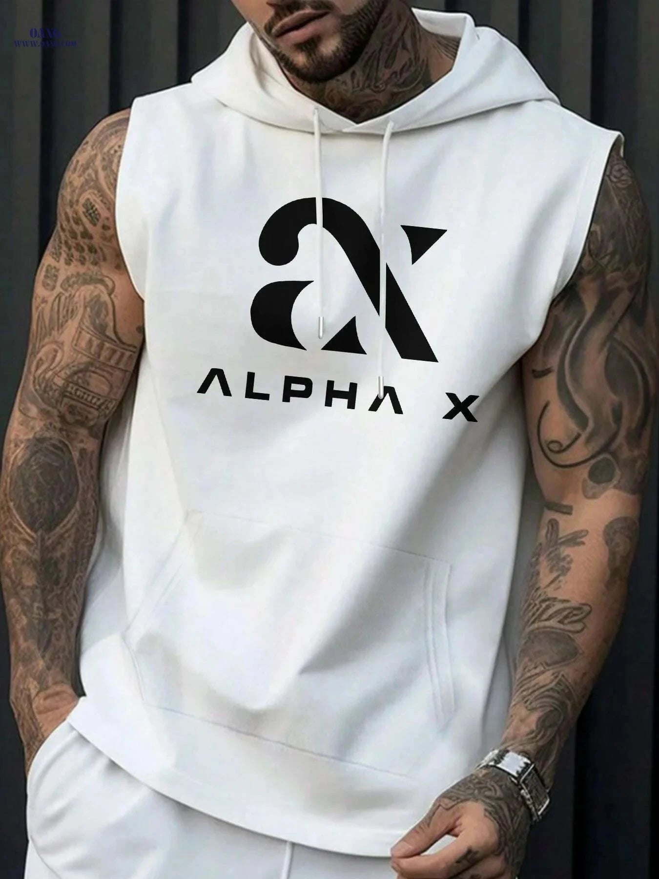 Men's Alpha X Graphic Hooded Tank Top - Sleeveless Gym Hoodie   OAXG White / S