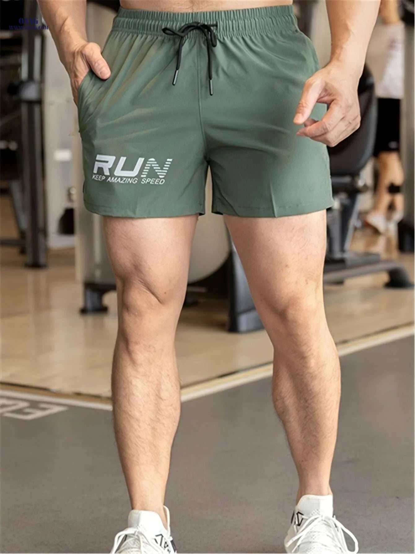 Men's Athletic Shorts "RUN" Print - Casual Drawstring, Green Gym Wear   OAXG 