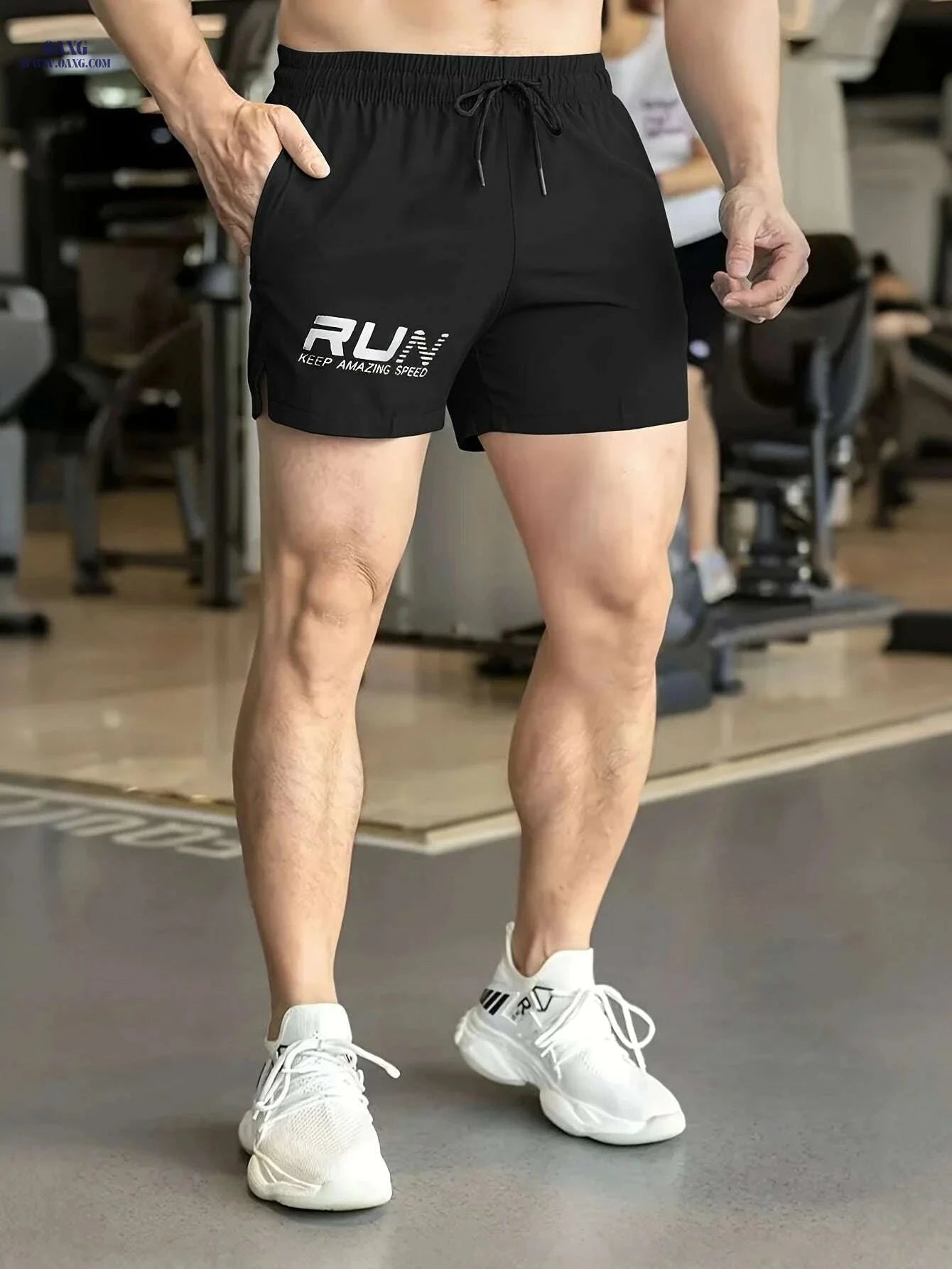 Men's Athletic Shorts "RUN" Print - Casual Drawstring, Green Gym Wear   OAXG Black / XS